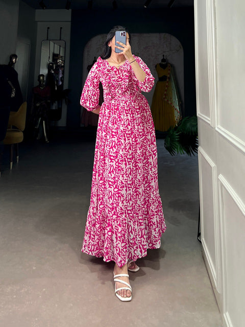 Pink Elegant Georgette Printed Frock – Stitched & Comfortable ClothsVilla Main image