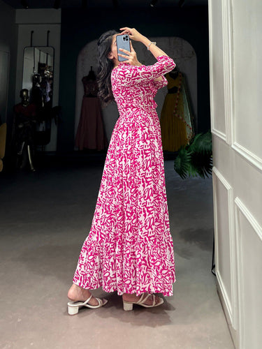 Pink Elegant Georgette Printed Frock – Stitched & Comfortable ClothsVilla