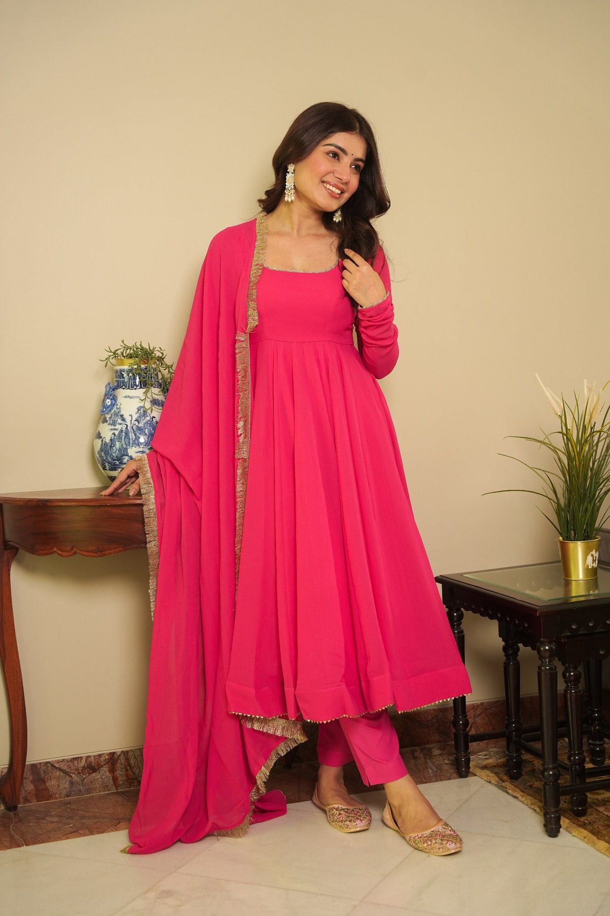 Pink Elegant Georgette Printed Suit Set with Tassel Dupatta – Flowy & Chic Clothsvilla Main image