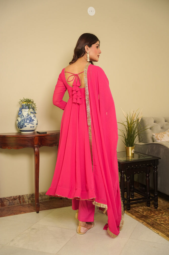 Pink Elegant Georgette Printed Suit Set with Tassel Dupatta – Flowy & Chic Clothsvilla