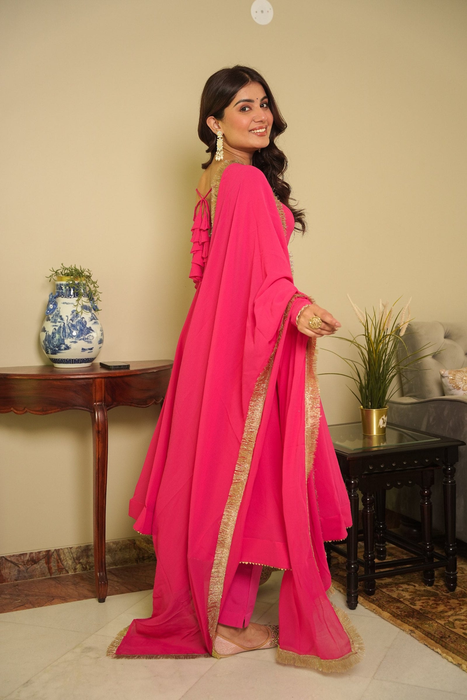 Pink Elegant Georgette Printed Suit Set with Tassel Dupatta – Flowy & Chic Clothsvilla