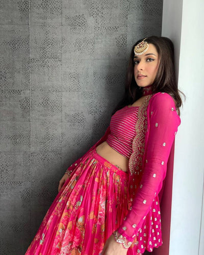 Pink Elegant Georgette Silk Lehenga Set – With Embroidered Koti ClothsVilla