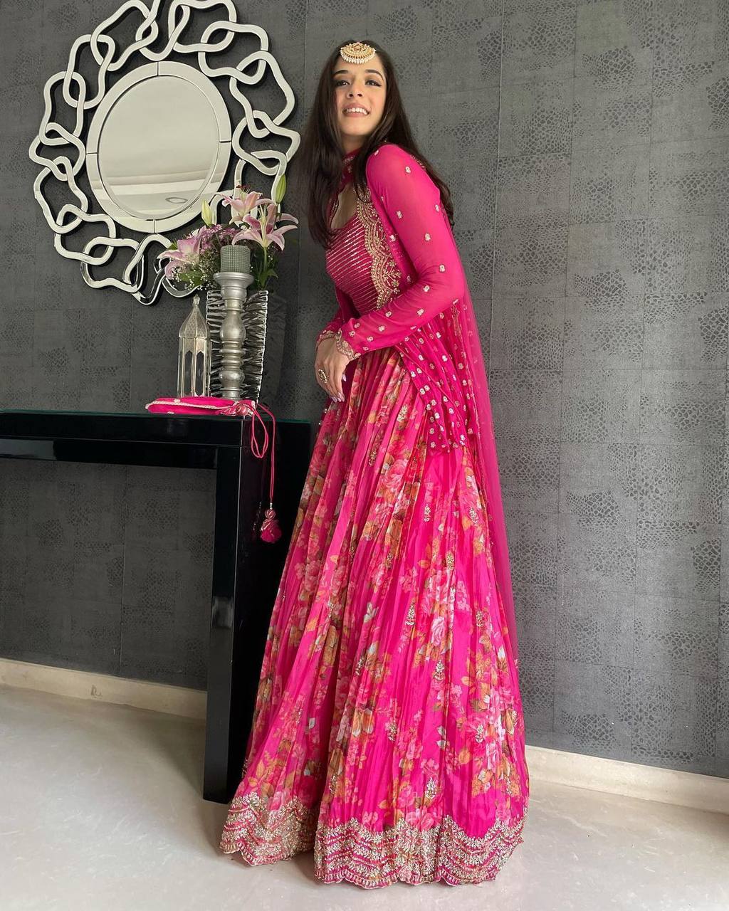 Pink Elegant Georgette Silk Lehenga Set – With Embroidered Koti ClothsVilla