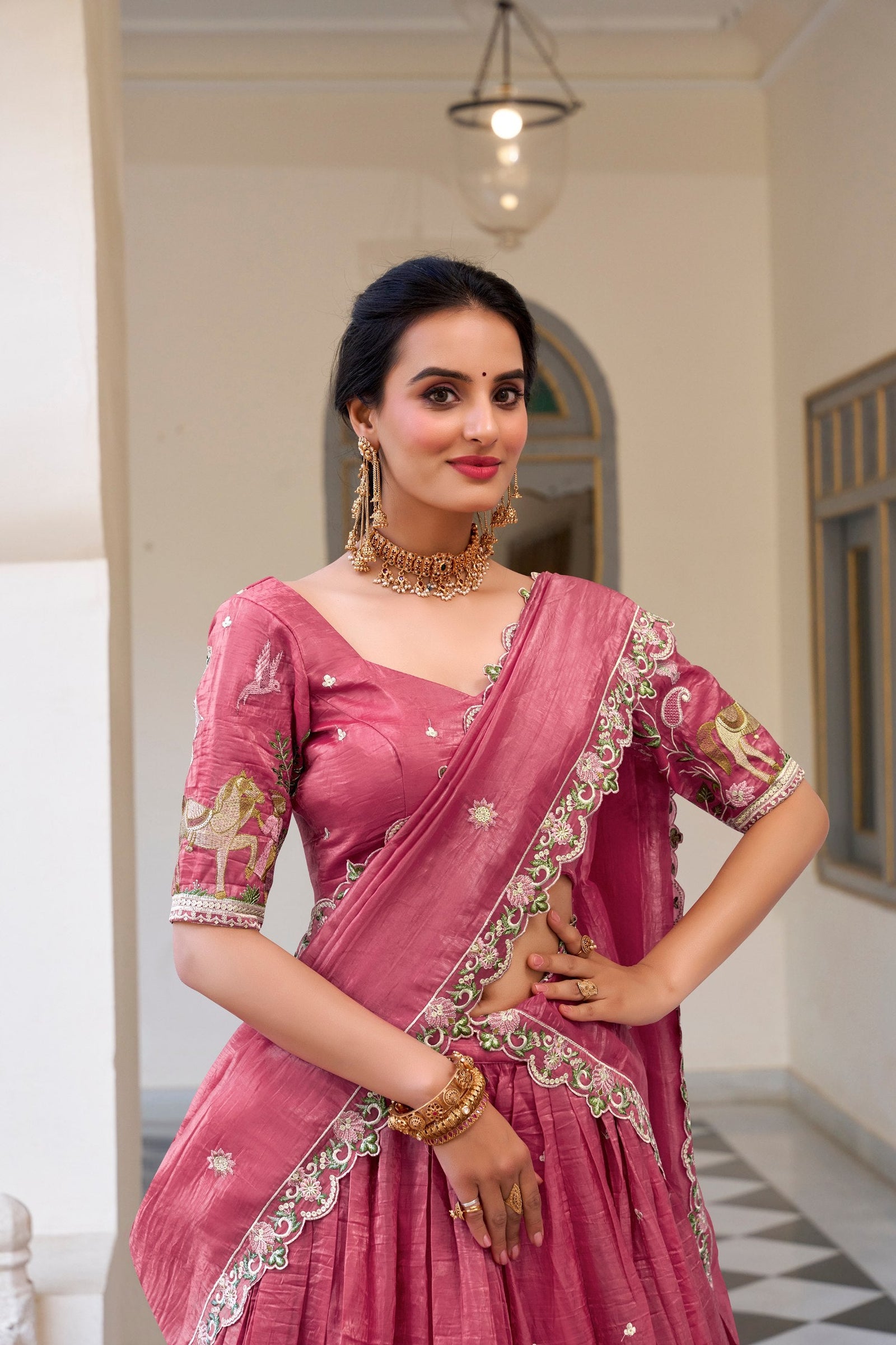 Pink Elegant Gold Crush Lehenga Set with Sequins & Thread Embroidery ClothsVilla
