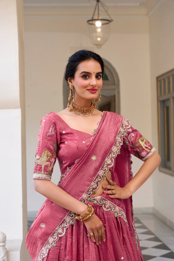 Pink Elegant Gold Crush Lehenga Set with Sequins & Thread Embroidery ClothsVilla