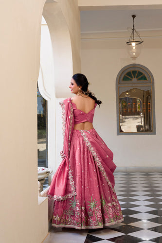 Pink Elegant Gold Crush Lehenga Set with Sequins & Thread Embroidery ClothsVilla