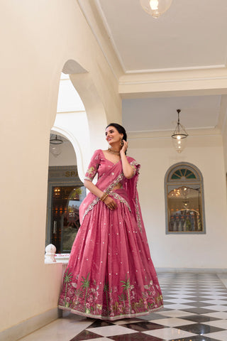 Pink Elegant Gold Crush Lehenga Set with Sequins & Thread Embroidery ClothsVilla