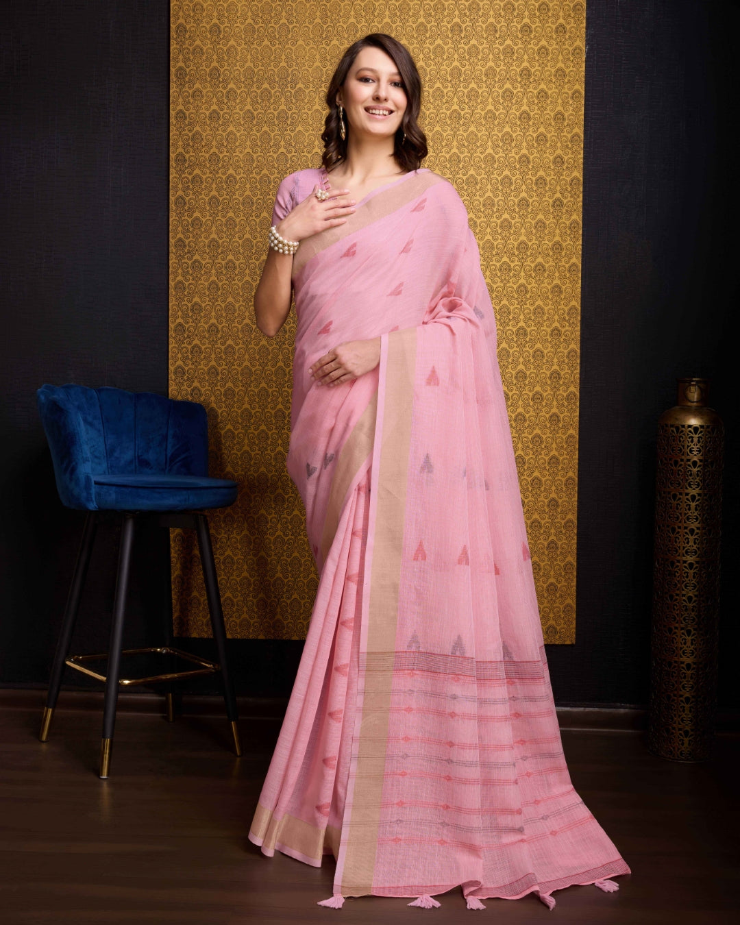 Pink Elegant & Gold-Toned Ikat Woven Saree with Zari Border ClothsVilla