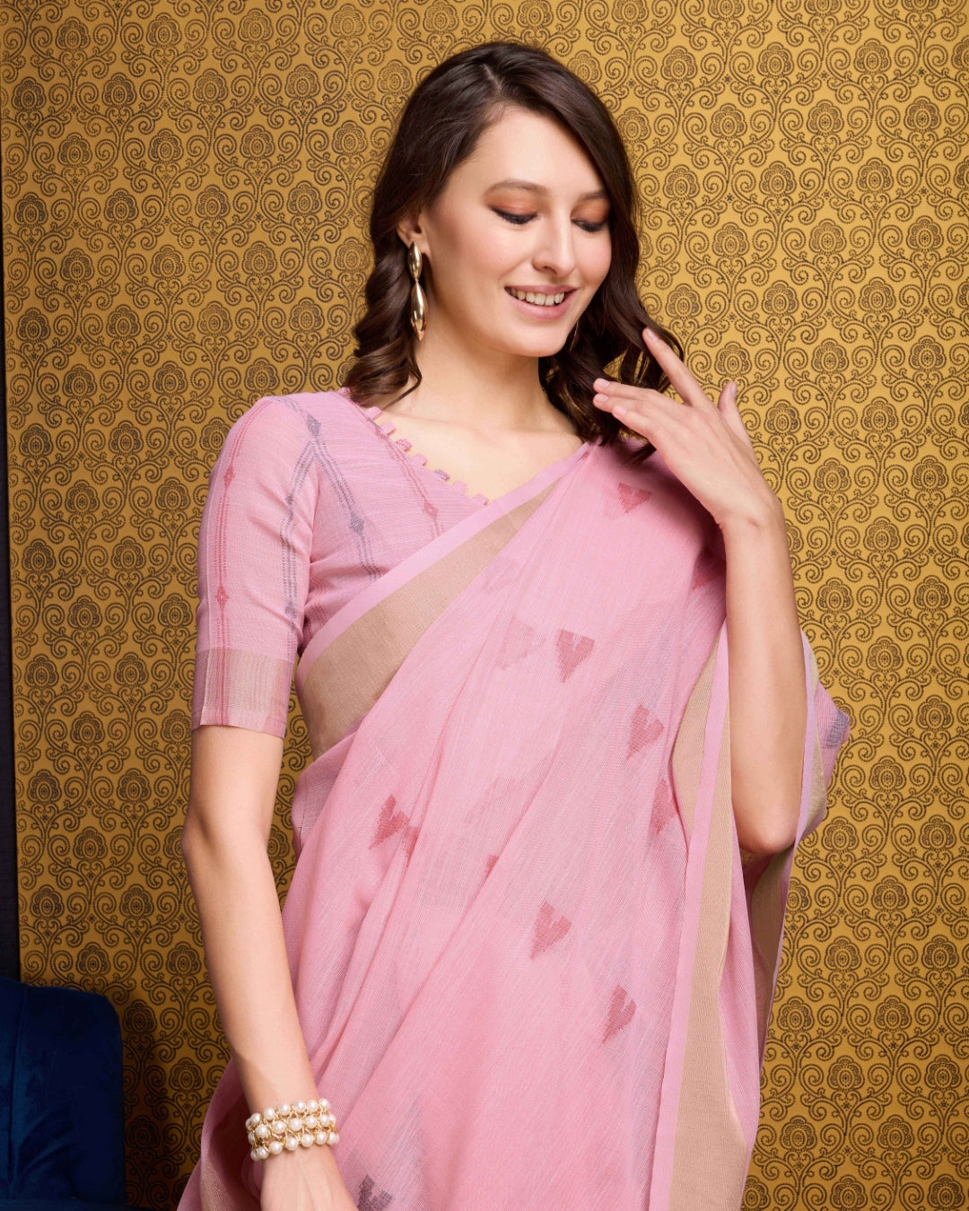 Pink Elegant & Gold-Toned Ikat Woven Saree with Zari Border ClothsVilla
