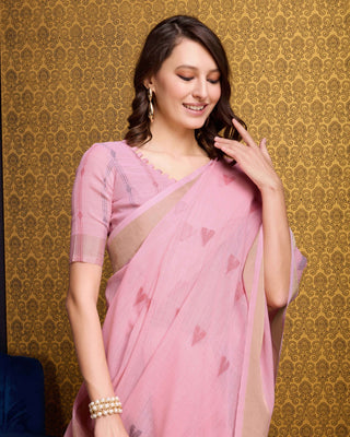 Pink Elegant & Gold-Toned Ikat Woven Saree with Zari Border ClothsVilla