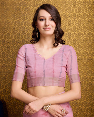 Pink Elegant & Gold-Toned Ikat Woven Saree with Zari Border ClothsVilla