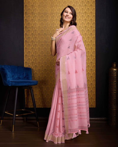 Pink Elegant & Gold-Toned Ikat Woven Saree with Zari Border ClothsVilla