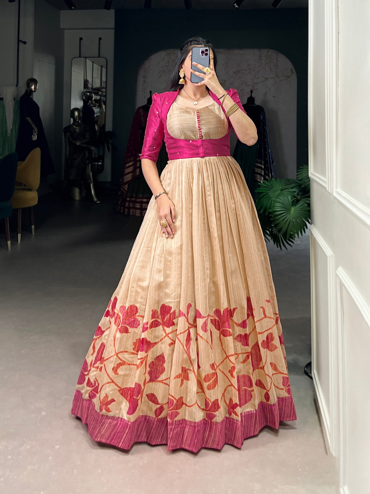 Pink Elegant Green Silk Printed Gown with Embroidered Banglory Koti ClothsVilla