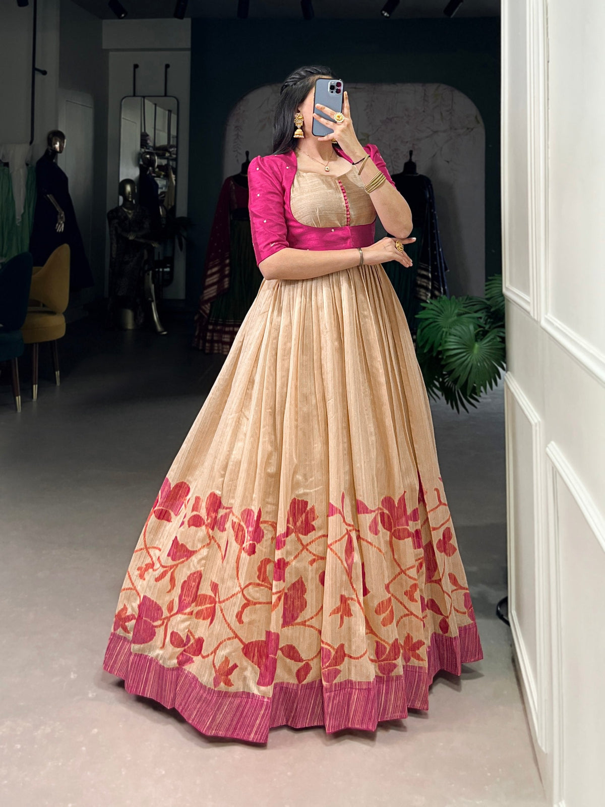 Pink Elegant Green Silk Printed Gown with Embroidered Banglory Koti ClothsVilla