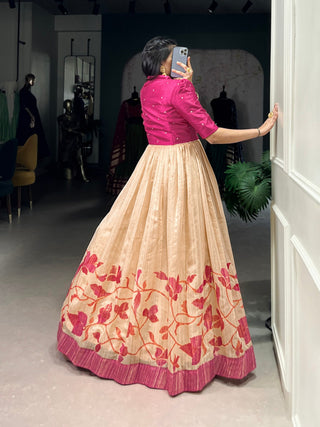 Pink Elegant Green Silk Printed Gown with Embroidered Banglory Koti ClothsVilla