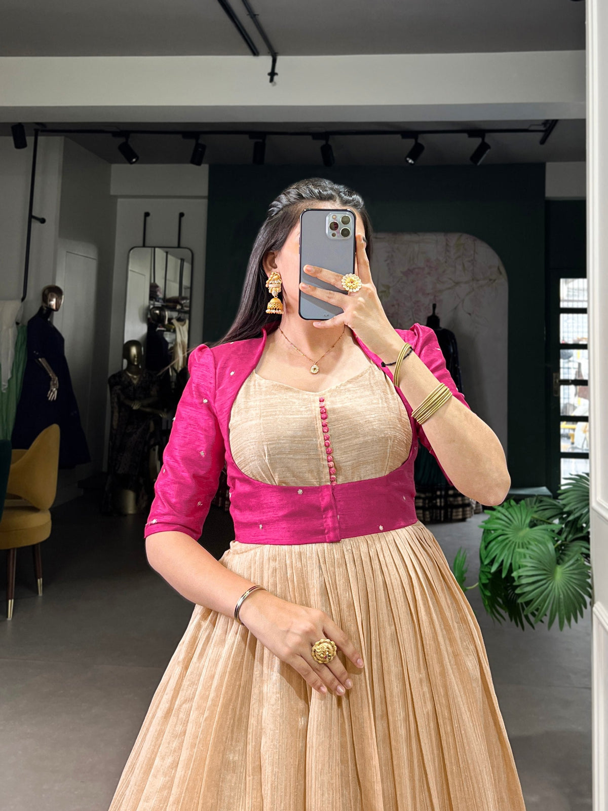 Pink Elegant Green Silk Printed Gown with Embroidered Banglory Koti ClothsVilla