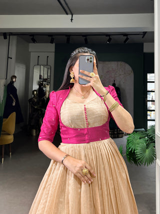 Pink Elegant Green Silk Printed Gown with Embroidered Banglory Koti ClothsVilla