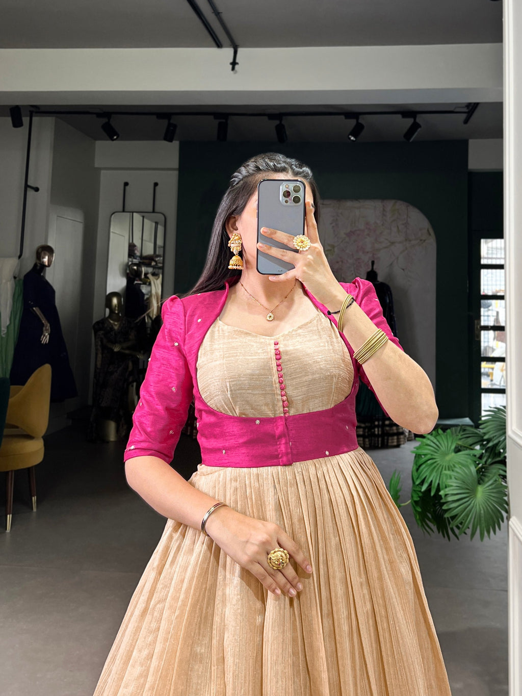 Pink Elegant Green Silk Printed Gown with Embroidered Banglory Koti ClothsVilla