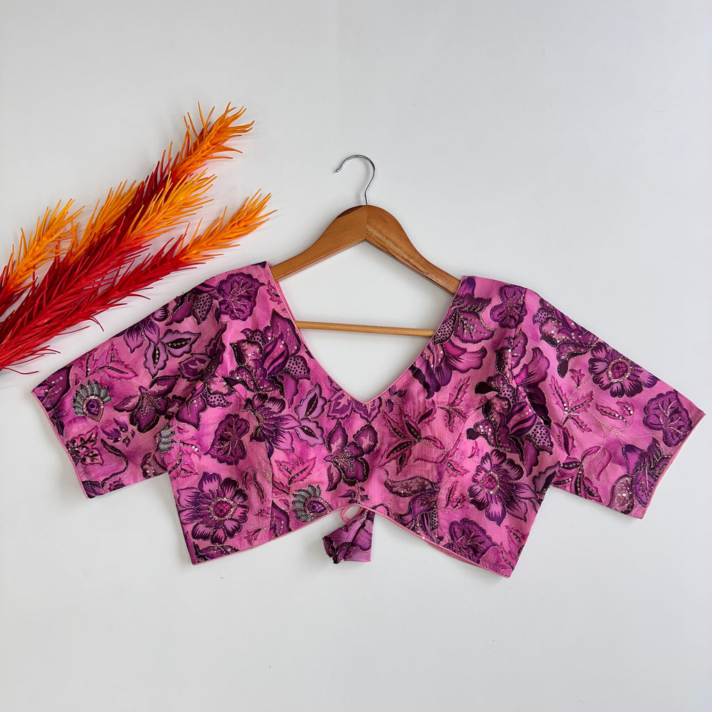 Pink Elegant Hand-Embroidered Tofu Silk Blouse with Sequins ClothsVilla