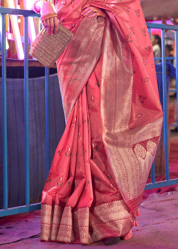 Pink Elegant Handloom Banarasi Silk Blend Saree with Woven Work & Blouse Piece ClothsVilla