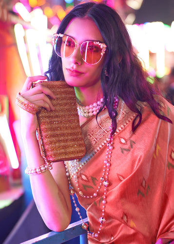 Pink Elegant Handloom Banarasi Silk Blend Saree with Woven Work & Blouse Piece ClothsVilla