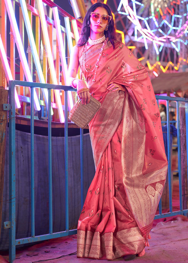 Pink Elegant Handloom Banarasi Silk Blend Saree with Woven Work & Blouse Piece ClothsVilla