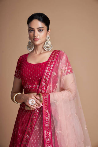 Pink Elegant Heavy Dola Jacquard Silk Lehenga Set with Embroidered Net Dupatta ClothsVilla