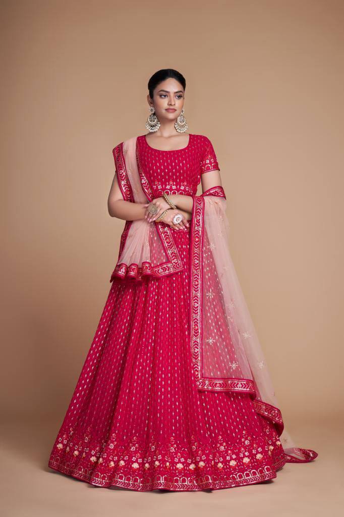 Pink Elegant Heavy Dola Jacquard Silk Lehenga Set with Embroidered Net Dupatta ClothsVilla Main image