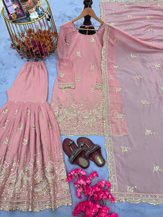 Pink Elegant Heavy Faux Georgette Sharara Palazzo Set with Dupatta – 5mm Sequin & Rivet Moti Embroidery ClothsVilla
