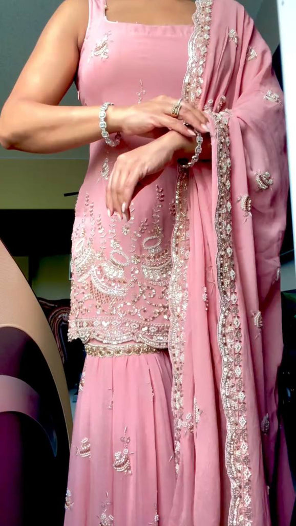 Pink Elegant Heavy Faux Georgette Sharara Palazzo Set with Dupatta – 5mm Sequin & Rivet Moti Embroidery ClothsVilla