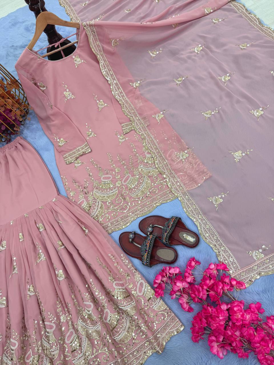Pink Elegant Heavy Faux Georgette Sharara Palazzo Set with Dupatta – 5mm Sequin & Rivet Moti Embroidery ClothsVilla