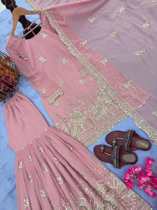 Pink Elegant Heavy Faux Georgette Sharara Palazzo Set with Dupatta – 5mm Sequin & Rivet Moti Embroidery ClothsVilla