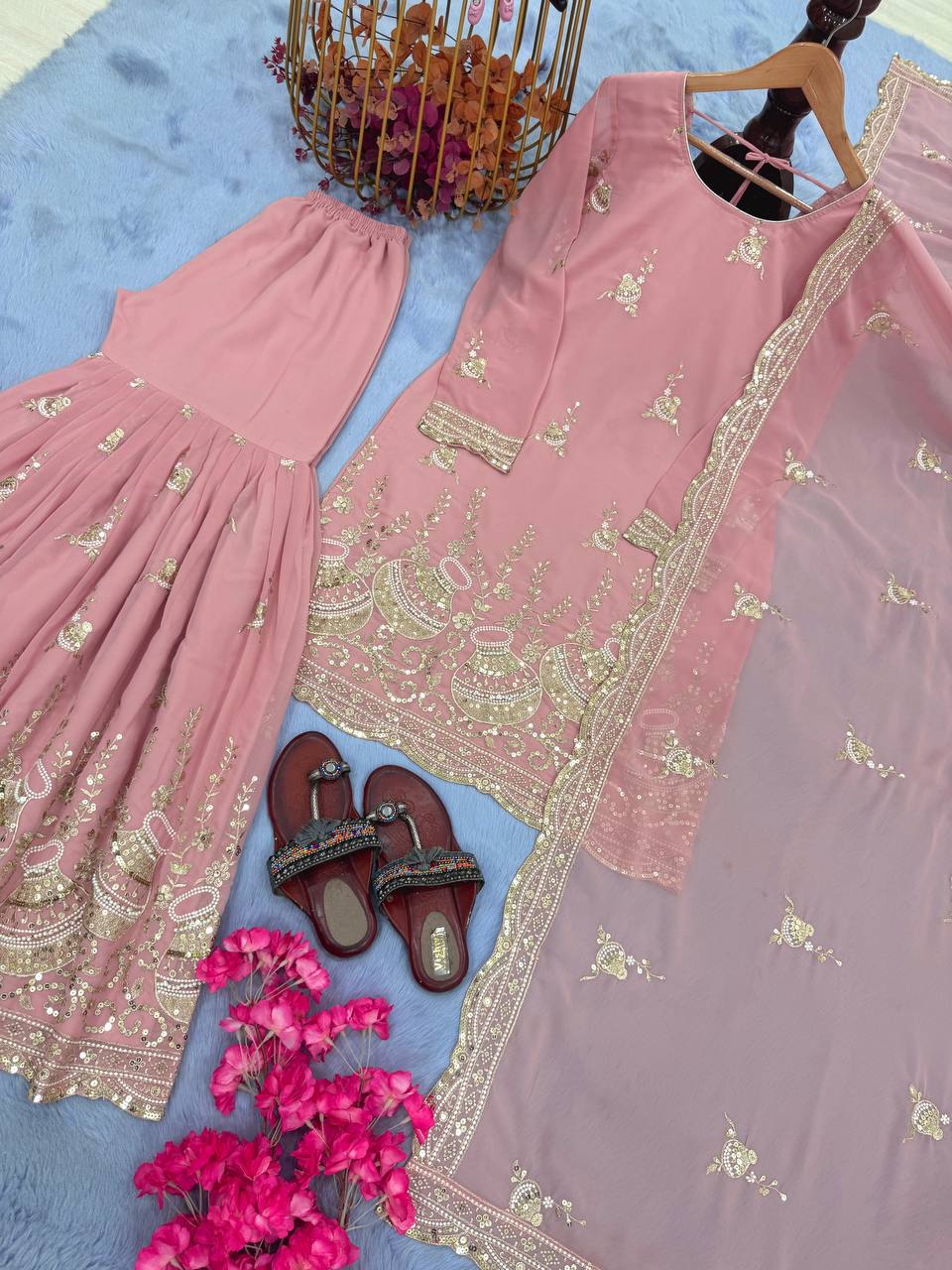 Pink Elegant Heavy Faux Georgette Sharara Palazzo Set with Dupatta – 5mm Sequin & Rivet Moti Embroidery ClothsVilla