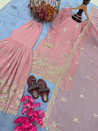 Pink Elegant Heavy Faux Georgette Sharara Palazzo Set with Dupatta – 5mm Sequin & Rivet Moti Embroidery ClothsVilla