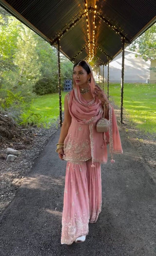 Pink Elegant Heavy Faux Georgette Sharara Palazzo Set with Dupatta – 5mm Sequin & Rivet Moti Embroidery ClothsVilla