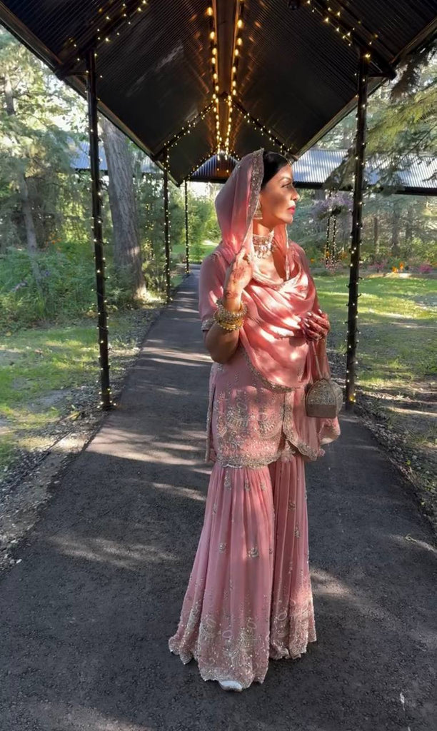 Pink Elegant Heavy Faux Georgette Sharara Palazzo Set with Dupatta – 5mm Sequin & Rivet Moti Embroidery ClothsVilla