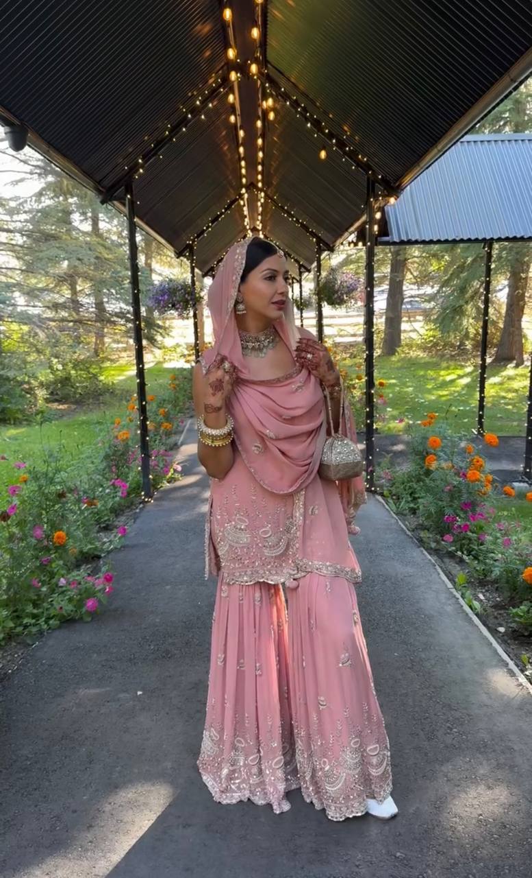 Pink Elegant Heavy Faux Georgette Sharara Palazzo Set with Dupatta – 5mm Sequin & Rivet Moti Embroidery ClothsVilla