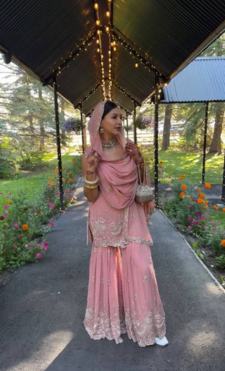 Pink Elegant Heavy Faux Georgette Sharara Palazzo Set with Dupatta – 5mm Sequin & Rivet Moti Embroidery ClothsVilla