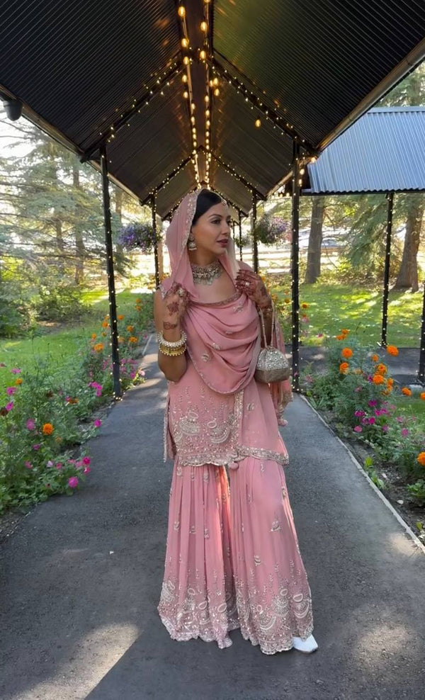 Pink Elegant Heavy Faux Georgette Sharara Palazzo Set with Dupatta – 5mm Sequin & Rivet Moti Embroidery ClothsVilla