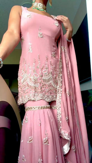 Pink Elegant Heavy Faux Georgette Sharara Palazzo Set with Dupatta – 5mm Sequin & Rivet Moti Embroidery ClothsVilla