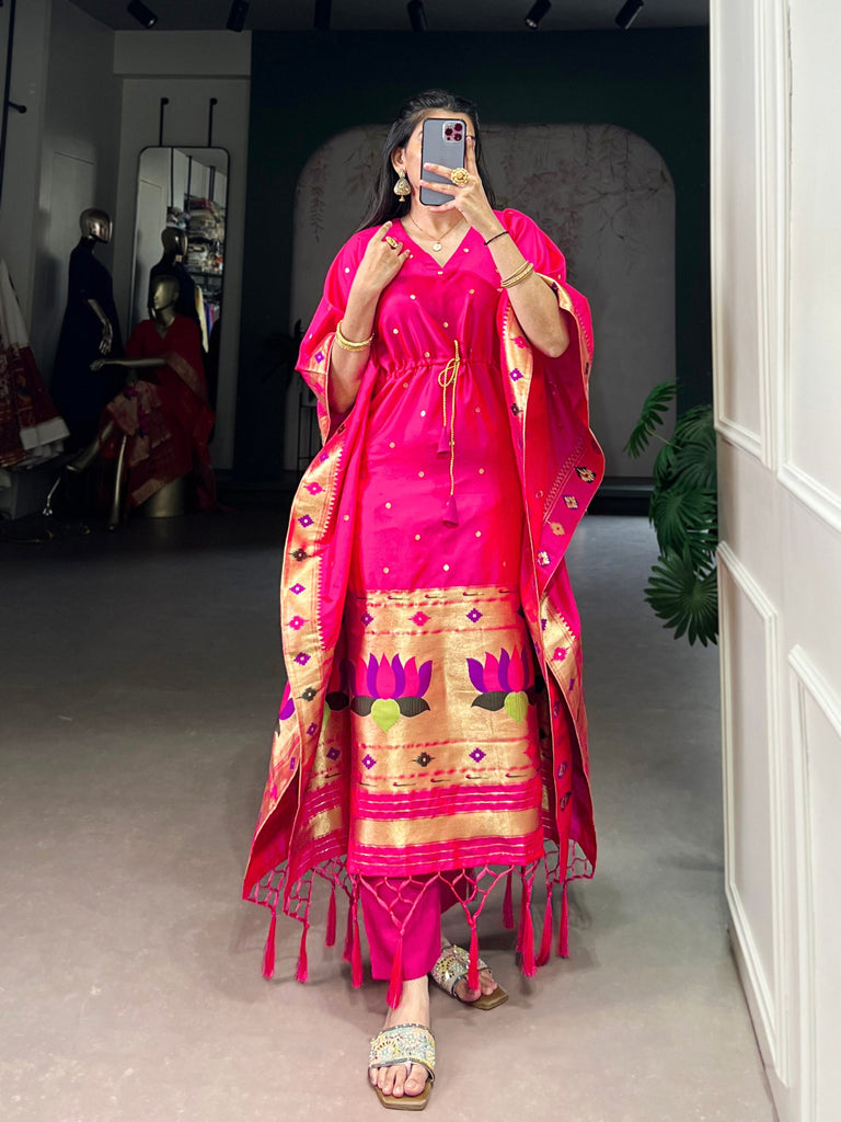 Pink Elegant Jacquard Paithani Kaftan with Zari Weaving Work ClothsVilla