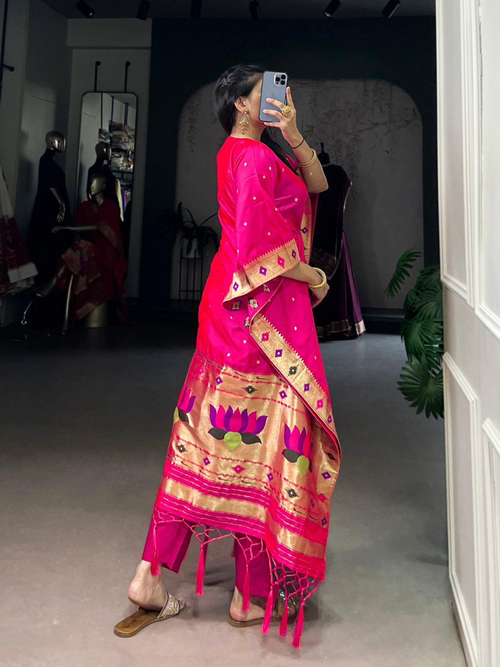 Pink Elegant Jacquard Paithani Kaftan with Zari Weaving Work ClothsVilla