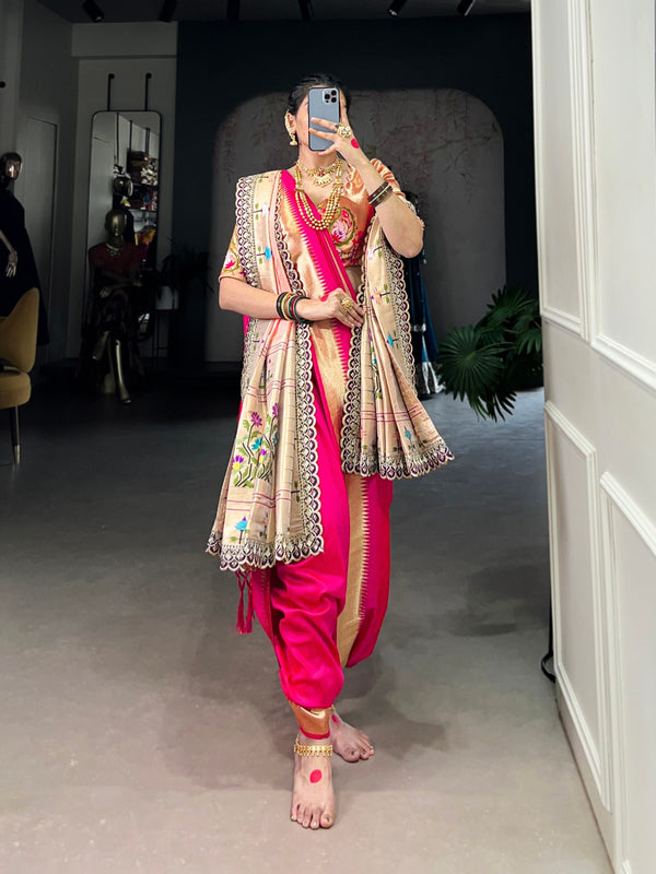 Pink Elegant Jacquard Silk Paithani Zari Weaving Saree with Dupatta ClothsVilla
