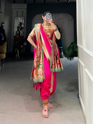 Pink Elegant Jacquard Silk Paithani Zari Weaving Saree with Dupatta ClothsVilla