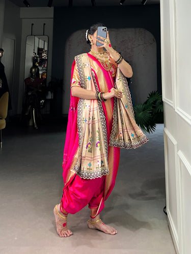 Pink Elegant Jacquard Silk Paithani Zari Weaving Saree with Dupatta ClothsVilla