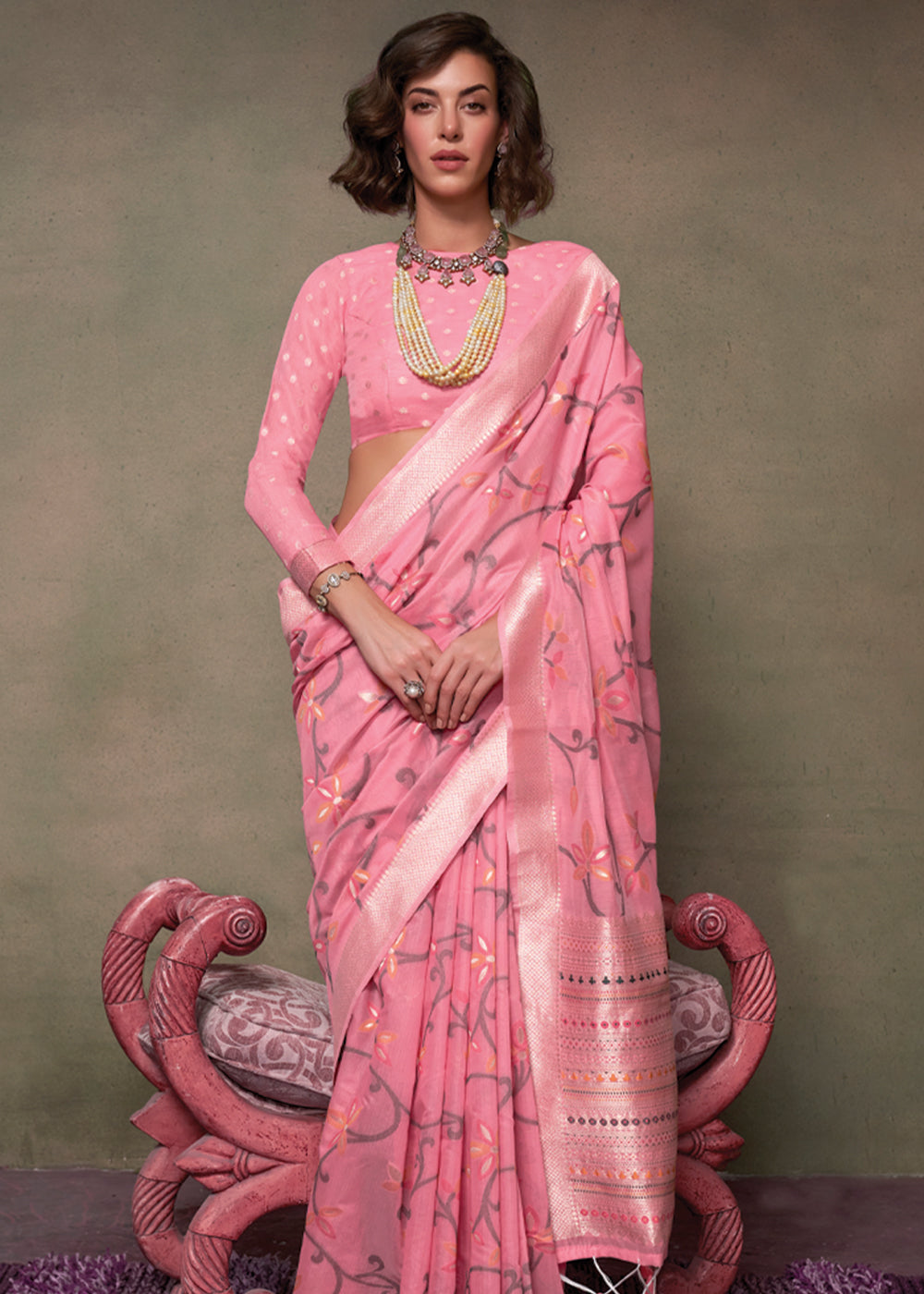 Pink Elegant Jamdani Modal Cotton Silk Saree – Timeless Weave with Intricate Motifs Secondary image