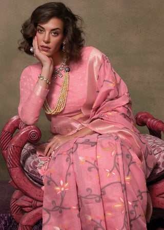 Pink Elegant Jamdani Modal Cotton Silk Saree – Timeless Weave with Intricate Motifs ClothsVilla