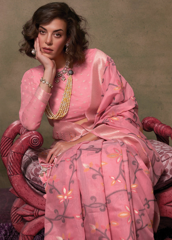 Pink Elegant Jamdani Modal Cotton Silk Saree – Timeless Weave with Intricate Motifs ClothsVilla