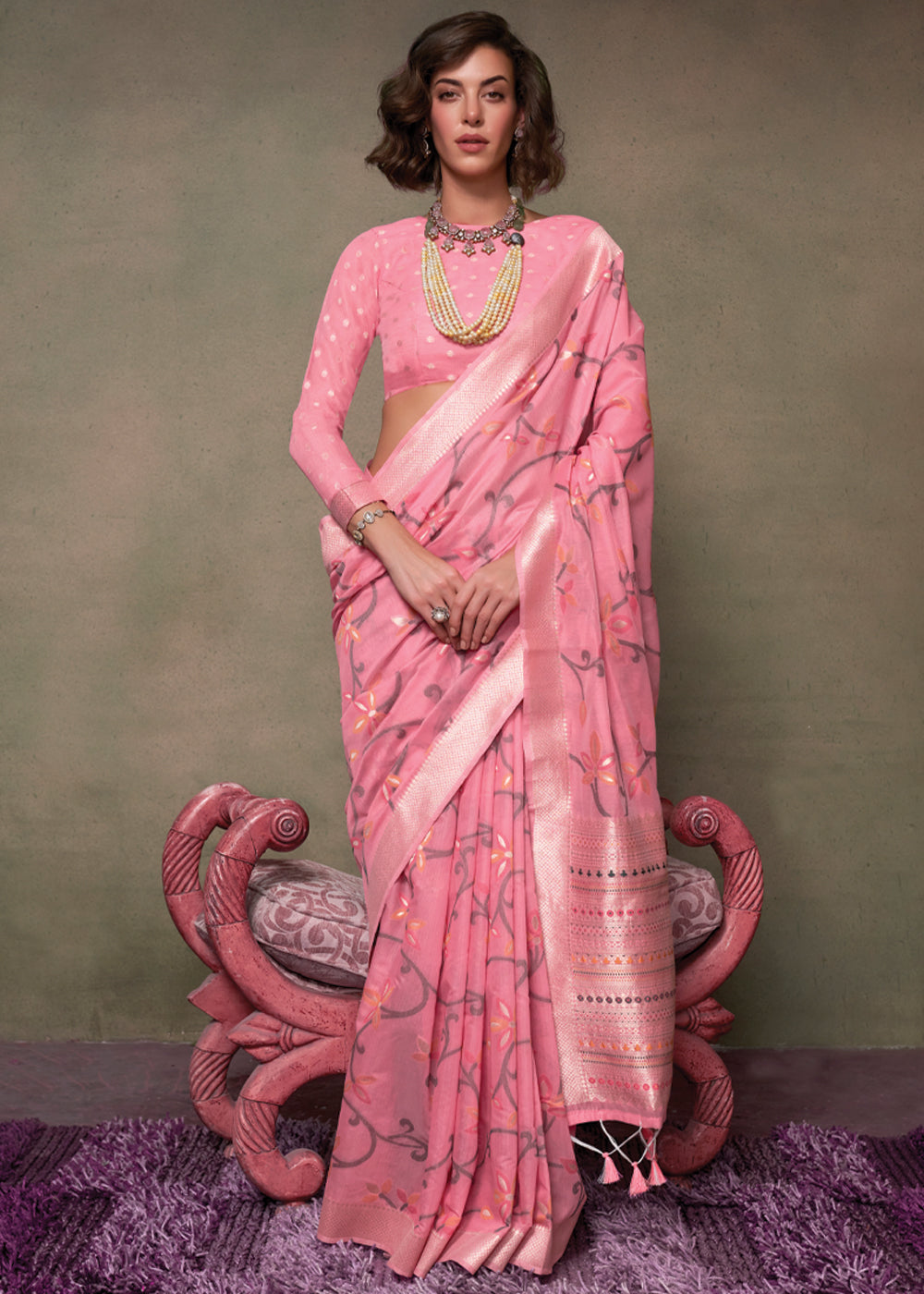 Pink Elegant Jamdani Modal Cotton Silk Saree – Timeless Weave with Intricate Motifs ClothsVilla Main image