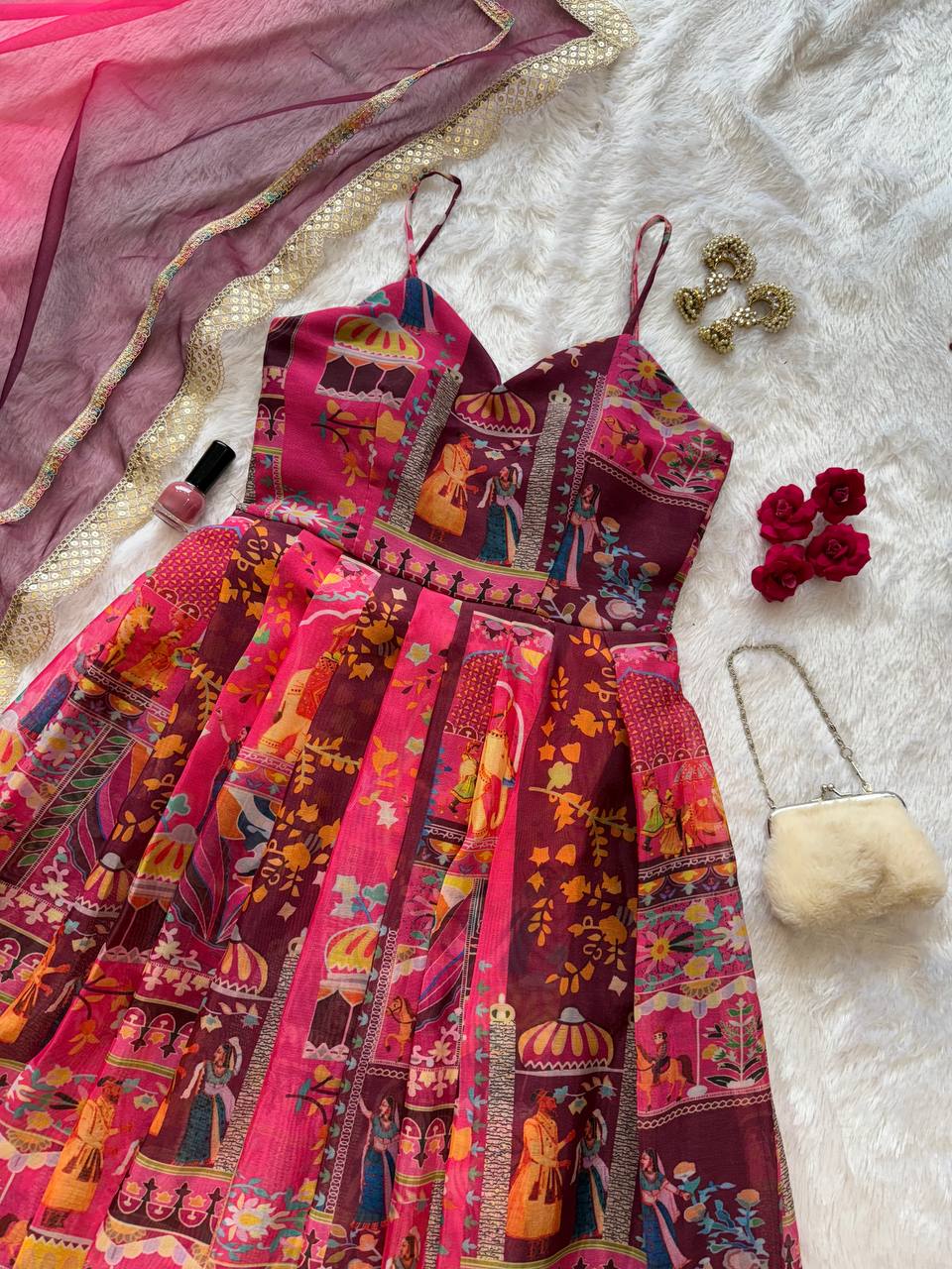 Pink Elegant Jimmy Organza Silk Digital Printed Anarkali Gown with Designer Dupatta – 8 Meter Flair ClothsVilla